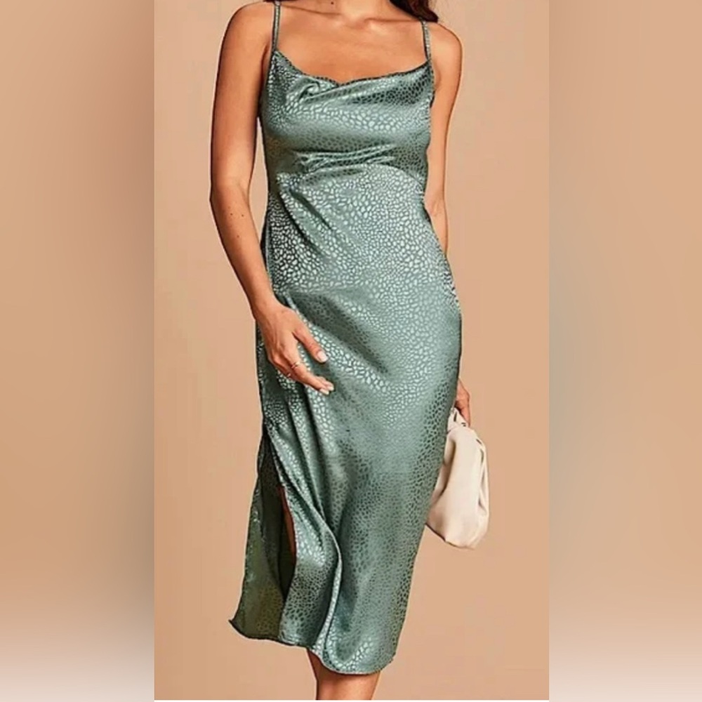 Lulus Sage Green Satin Jacquard Cowl Neck Midi Dress